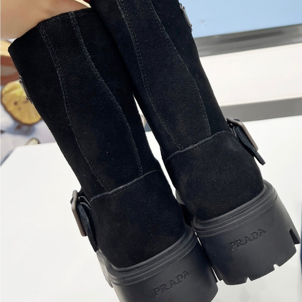 Women's Prada Black Suede Triangle Logo Buckle Chunky Platform Mid-Calf Boots - Picture 3 of 8